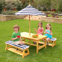 Load image into Gallery viewer, Outdoor Table &amp; Bench Set with Cushions &amp; Umbrella - Navy &amp; White Stripes
